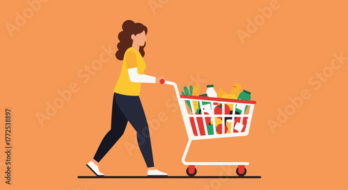 Woman happily pushes full shopping cart through vibrant grocery store, stocking up on fresh produce and essentials