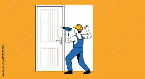 Skilled handyman meticulously installing a door lock using a power drill in a bright, modern setting with vibrant orange background