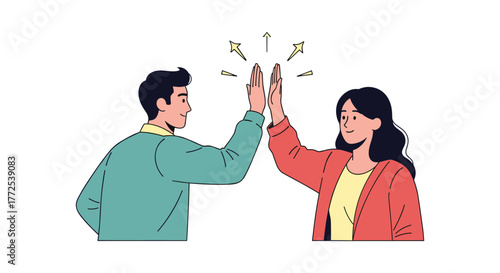 Energetic diverse colleagues celebrating a successful project completion with a high five and bright stars symbolizing achievement and teamwork