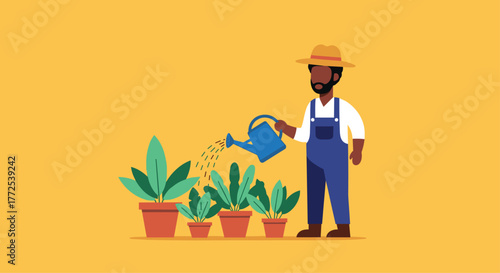 Joyful farmer tending vibrant potted plants with a watering can, celebrating growth and nature's bounty in a sunny outdoor scene