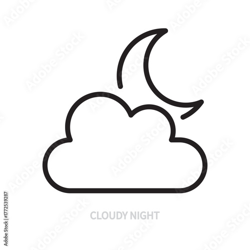 Cloudy night line icon. Cloud and half moon sign / symbol. Weather forecast & climate concept. Isolated on a white background. Editable stroke. Flat design. Vector illustration.