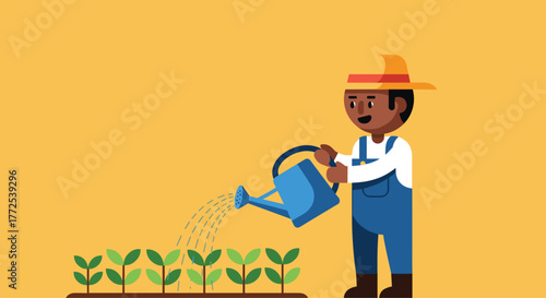 Joyful farmer lovingly waters young plants in vibrant garden, symbolizing growth and sustainable agriculture
