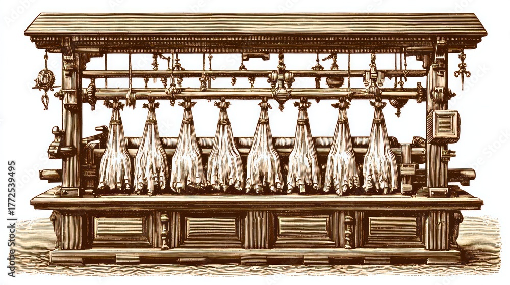Fototapeta premium Vintage textile machine illustration showing mechanical apparatus with hanging bobbins