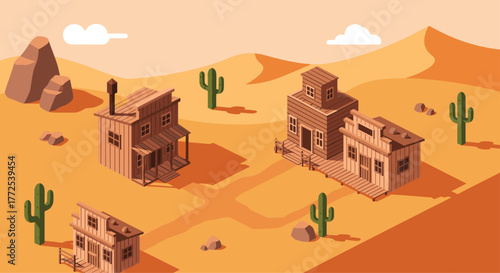 Vibrant isometric wild west townscape with wooden buildings, cactuses, and desert dunes under a warm sky