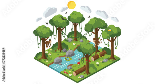 Vibrant jungle scene teeming with playful monkeys and a slithering snake under a bright sunny sky, showcasing nature's lively ecosystem