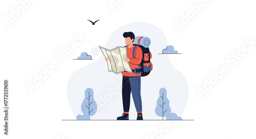 Adventurous traveler consults map for exciting journey in scenic outdoor setting