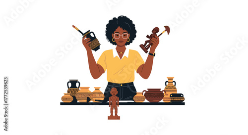 Curious curator proudly displays collection of ancient pottery and tribal artifacts with vibrant cultural patterns