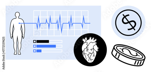 Human figure with heartbeat chart, detailed heart graphic, dollar sign, and coin icon. Ideal for healthcare, medical data, finance, insurance, wellness cost analysis and simple flat metaphor