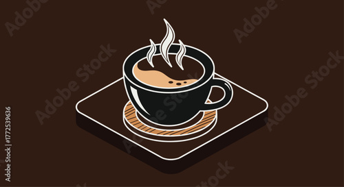 Steaming hot black coffee in a modern mug on a wooden coaster, perfect for morning energy and cafe ambiance