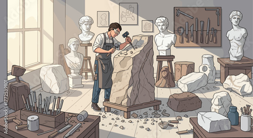 Dedicated sculptor meticulously chiseling marble masterpiece surrounded by classical busts and art tools in a sunlit studio