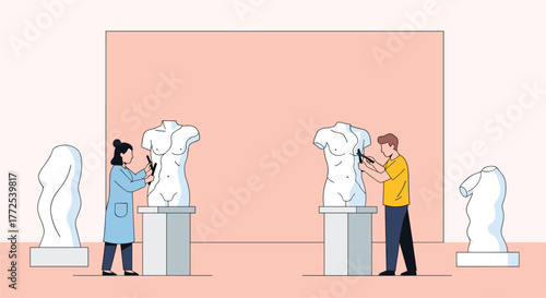 Artists meticulously sculpt classical human torso statues, capturing timeless form and creative expression in a minimalist studio setting