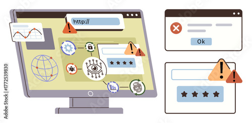 Computer screen displaying cybersecurity warnings, error messages, icons thumbs up locks and an eye, and graphs. Ideal for security, phishing, hacking, technology, digital safety data protection