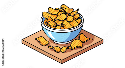 Crispy potato chips overflowing from a vibrant blue bowl on a wooden board, a tempting snack for any occasion