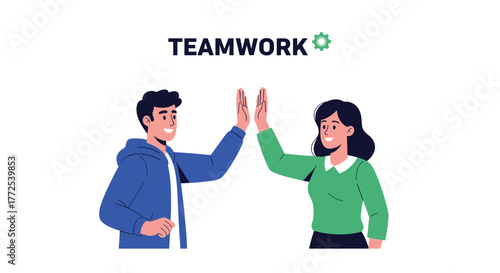Dynamic duo celebrating success with high five in vibrant modern collaboration, teamwork and achievement concept