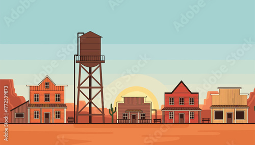 Vibrant Wild West townscape unfolds with historic buildings and a towering water tank under a warm desert sun