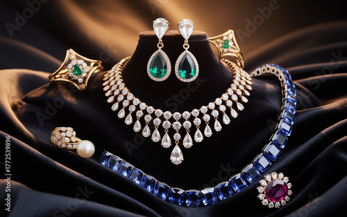 A luxurious jewelry display on black silk featuring a diamond choker necklace with chandelier pendant, matching earrings, and an emerald gold ring, captured in elegant lighting to highlight brilliance