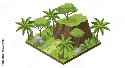 Vibrant isometric tropical island paradise with lush jungle, palm trees, and winding path creating an adventurous escape