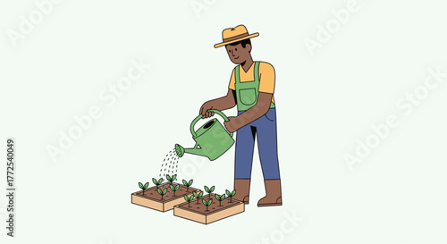 Dedicated farmer tending young plants in a small garden, nurturing growth with a watering can