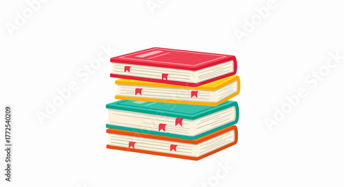 Stack of colorful books with red, orange, yellow, green, and blue covers on a white background.