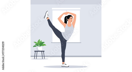 Dynamic young woman practicing graceful yoga pose with focused determination in a bright, modern home studio environment