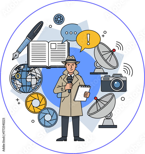 Journalism profession concept with a reporter character and flat line icons for news, broadcasting, and press communication