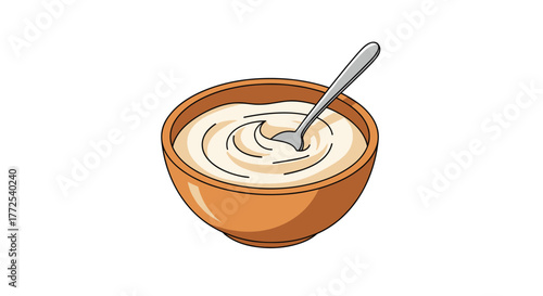 Creamy yogurt swirl in rustic bowl with spoon ready for delicious healthy breakfast or snack