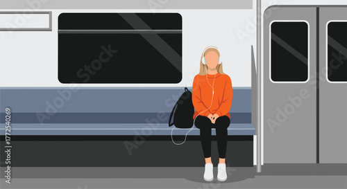 Young woman listens to music with headphones on a train, lost in thought, finding peace during her commute journey