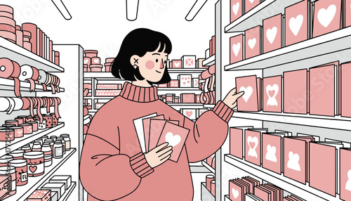 Joyful woman selecting charming heart-themed cards and gift wrapping supplies in a bright, modern store aisle