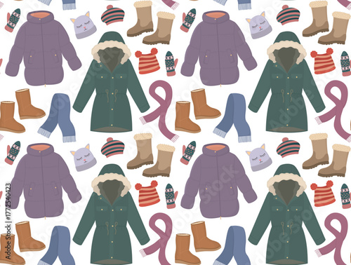 Seamless background with comfy winter clothing. Pattern of parka jackets, boots, warm scarves, knit hats, , puffers and mittens.