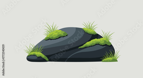 Natural dark gray stone with vibrant green moss and grass sprouting from its surface, symbolizing nature's resilience and growth