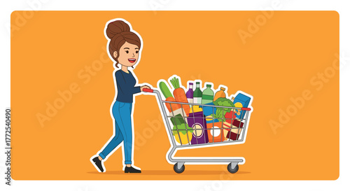 Happy shopper pushing a full grocery cart, enjoying the everyday task of stocking up on fresh food and essentials