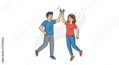 Dynamic duo celebrating a major win with an energetic high five, conveying teamwork and success in a vibrant, modern style