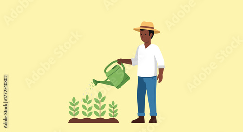 Dedicated farmer carefully watering young sprouts in a sunny garden, fostering growth and abundance