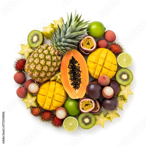 Fresh ripe tropical fruits like pineapple, apple, orange, banana, kiwi, pear, lemon, and grapes on a clean white background for a healthy diet
