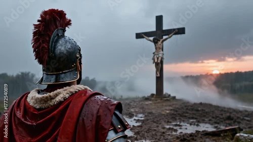 A Roman soldier watches the crucifixion of Jesus Christ on a cross. Historical reenactment of a biblical scene on a misty hill at sunrise. Christianity and faith concept