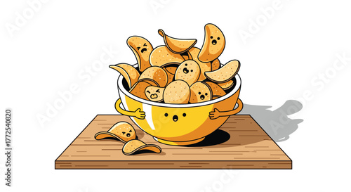 Joyful potato chips in a vibrant yellow bowl, expressing playful emotions, perfect for food marketing and fun designs
