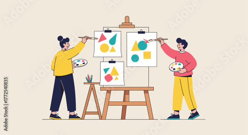 Two artists collaborating on a vibrant abstract painting, holding brushes and palettes in a creative studio setting