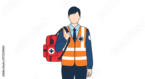 Professional paramedic ready for emergencies carrying vital medical aid bag with star of life emblem and red cross symbol