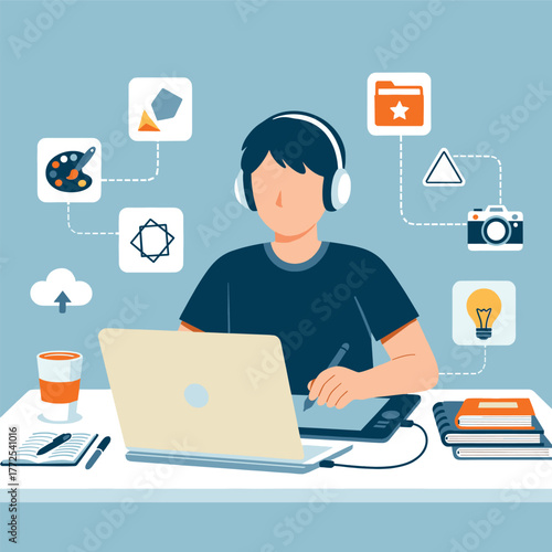 men studying on a laptop with headphone, women working remotely in home ilustration, men graphic designer illustration