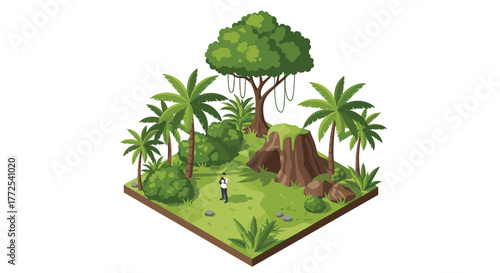 Explore lush tropical jungle with person discovering ancient volcanic rock formation and vibrant flora