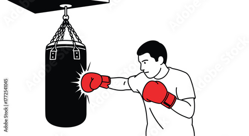 Focused boxer training hard, delivering powerful punches to a heavy bag, showcasing determination and athletic drive in a dynamic workout