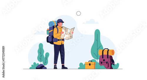 Adventurous traveler with backpack studies map for exciting journey through nature's wonders