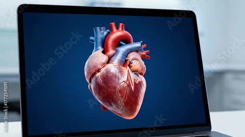 A 3D animated human heart beating on a laptop screen. Modern medical technology for cardiology and healthcare research in a laboratory setting. Digital health concept