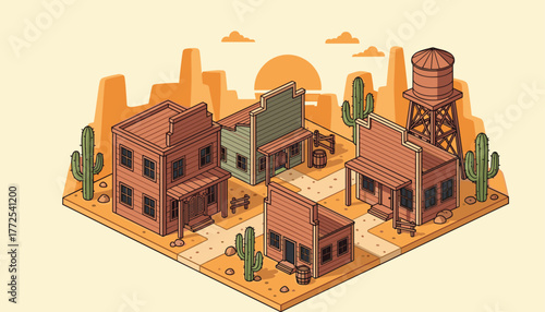 Vibrant isometric western town with cacti and desert landscape evokes adventure and historical exploration
