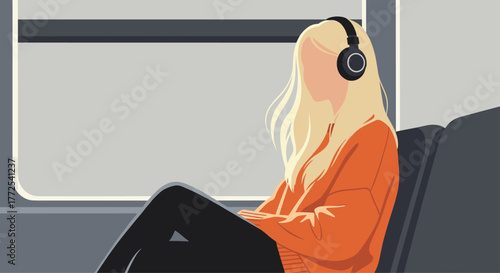 Young woman with blonde hair wearing headphones enjoys a peaceful train journey listening to music, lost in thought