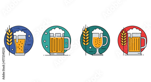 Vibrant beer icons featuring foamy mugs and wheat stalks, perfect for bar menus, Oktoberfest celebrations, or craft brew promotions