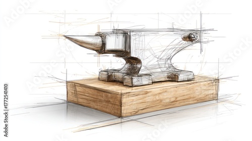 Detailed anvil illustration on wooden block with sketchy lines and lighting