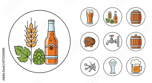 Crafting delicious beer with hops barley and brewing equipment icons perfect for beverage branding and pub promotions