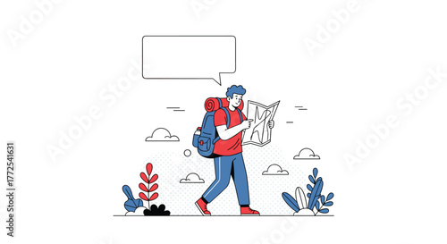 Adventurous young man with backpack confidently navigates using a map, planning his next exciting journey