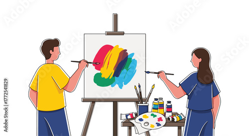 Two artists collaboratively creating vibrant abstract art on canvas with colorful paints and brushes in a studio setting